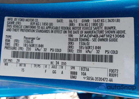 2015 Ford Fiesta Se из США, поврежденный, VIN 3FADP4BJ4FM213068